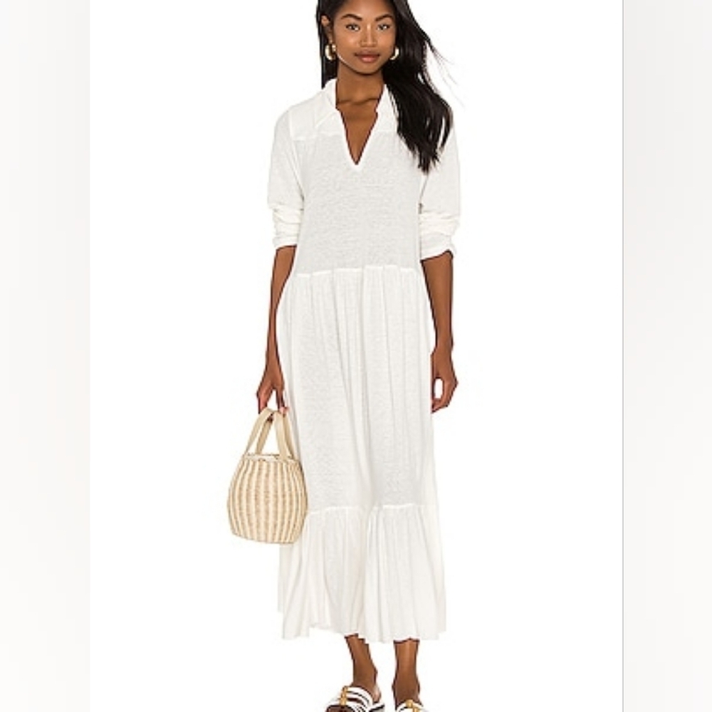 Free People Beach Women's Large White Long Sleeve Midi Dress V-neck Collared